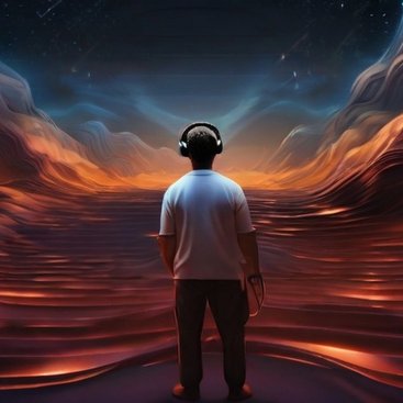 A decorative image of a person in a sci-fi space of fire and clouds wearing a headset.